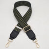 A black and olive green braided nylon strap for a bag, featuring gold-toned metal hooks.