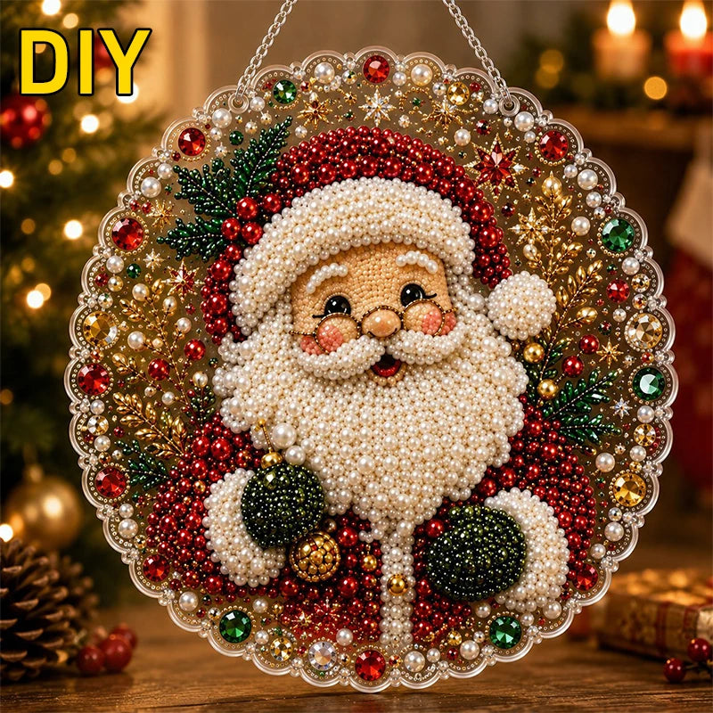 A decorative Christmas ornament featuring a Santa face made of pearls and diamonds with a lace edge.