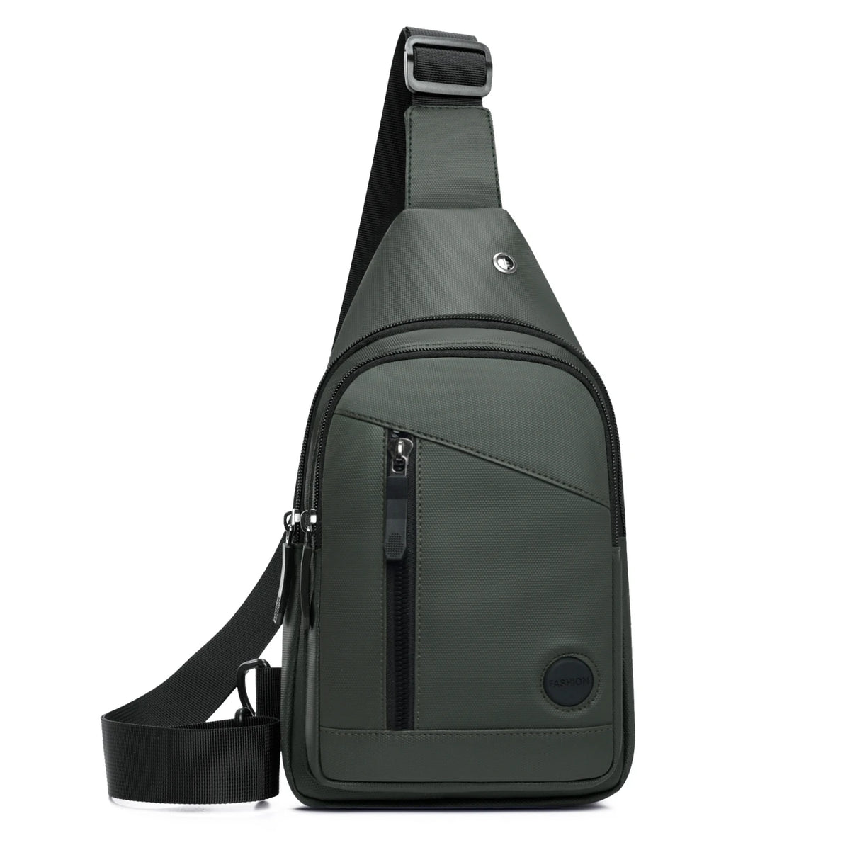 A dark green men's adjustable chest crossbody sling bag with a black strap and zipper.
