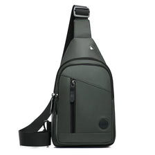A dark green men's adjustable crossbody sling bag with black strap and zipper details.
