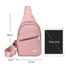 A pink quilted crossbody sling bag is shown next to an iPad mini for scale.