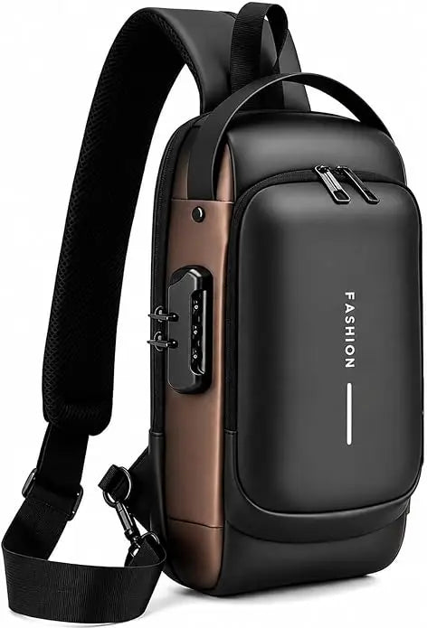 Bolso cruz negro multifuncional con acento marrón y correa ajustable.