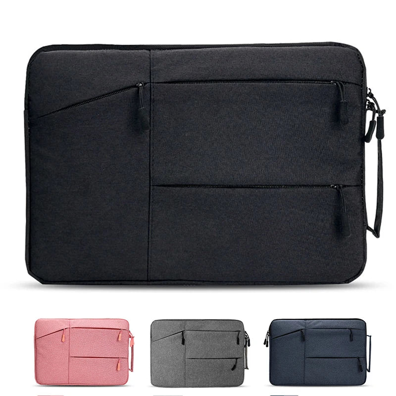 A black premium waterproof laptop sleeve shown with color options in pink, gray, and navy blue.