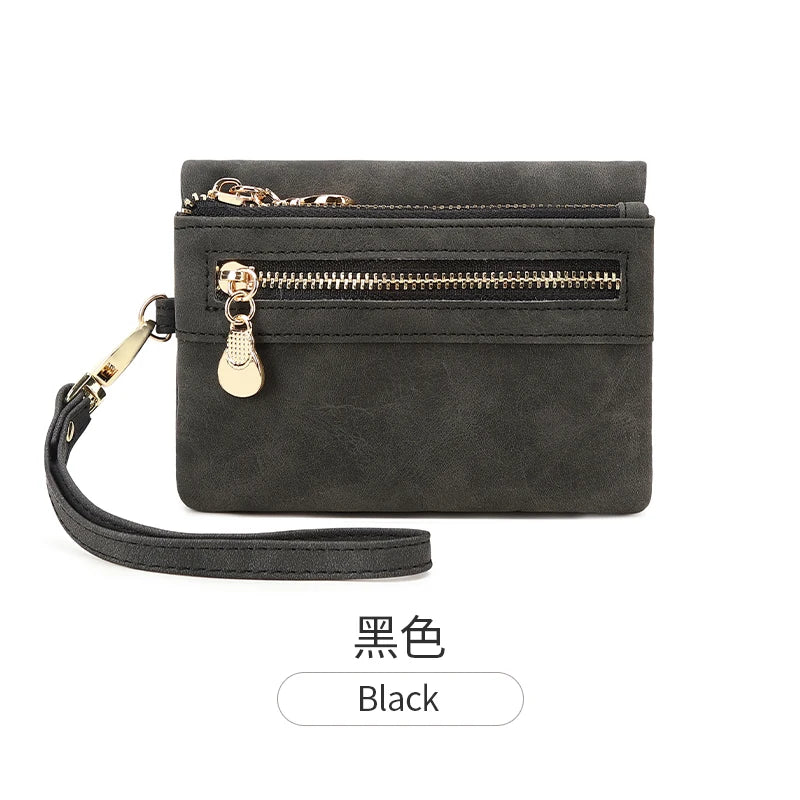 Cartera de cuero PU negra plegable con cremallera retro y herrajes dorados.