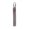 A vintage leather glove holder strap with brass hardware and a dark gray finish.