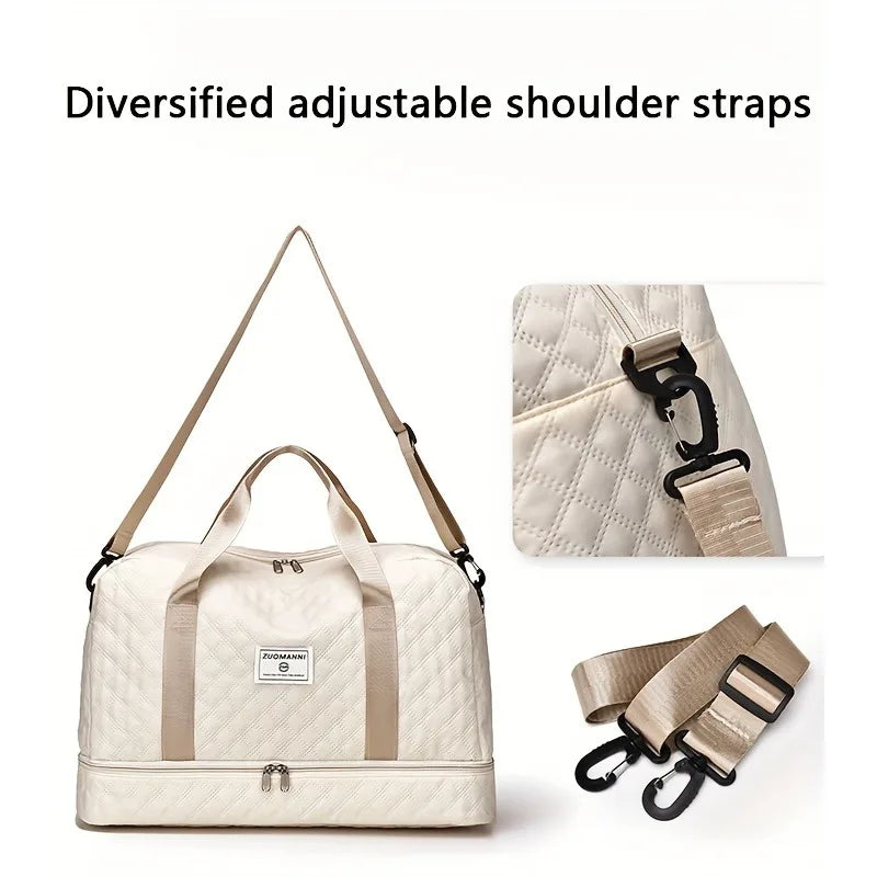 A beige quilted duffle bag with diversified adjustable shoulder straps shown next to individual straps.