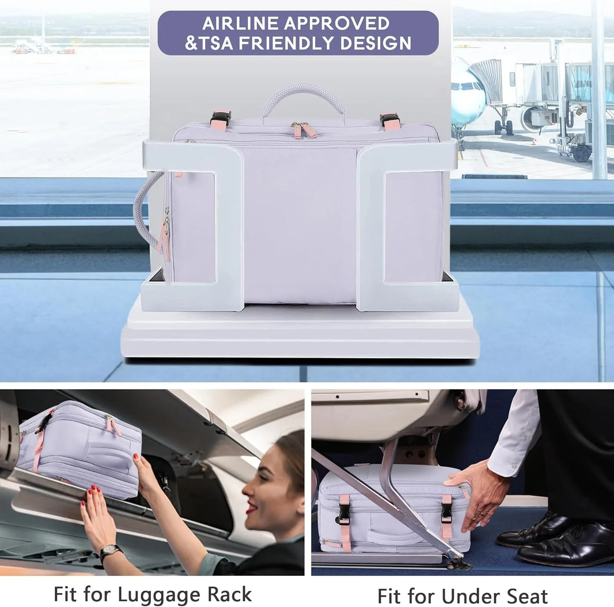 A white airline approved and TSA friendly design laptop backpack shown in various fit configurations.