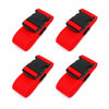 Four red and black adjustable luggage straps shown from above.