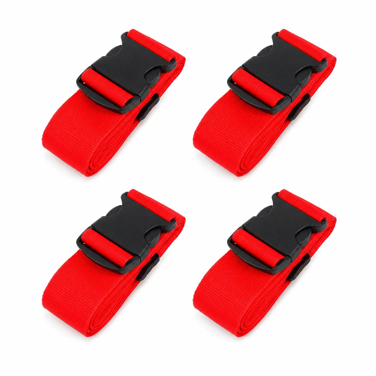 Four red and black adjustable luggage straps shown from above.