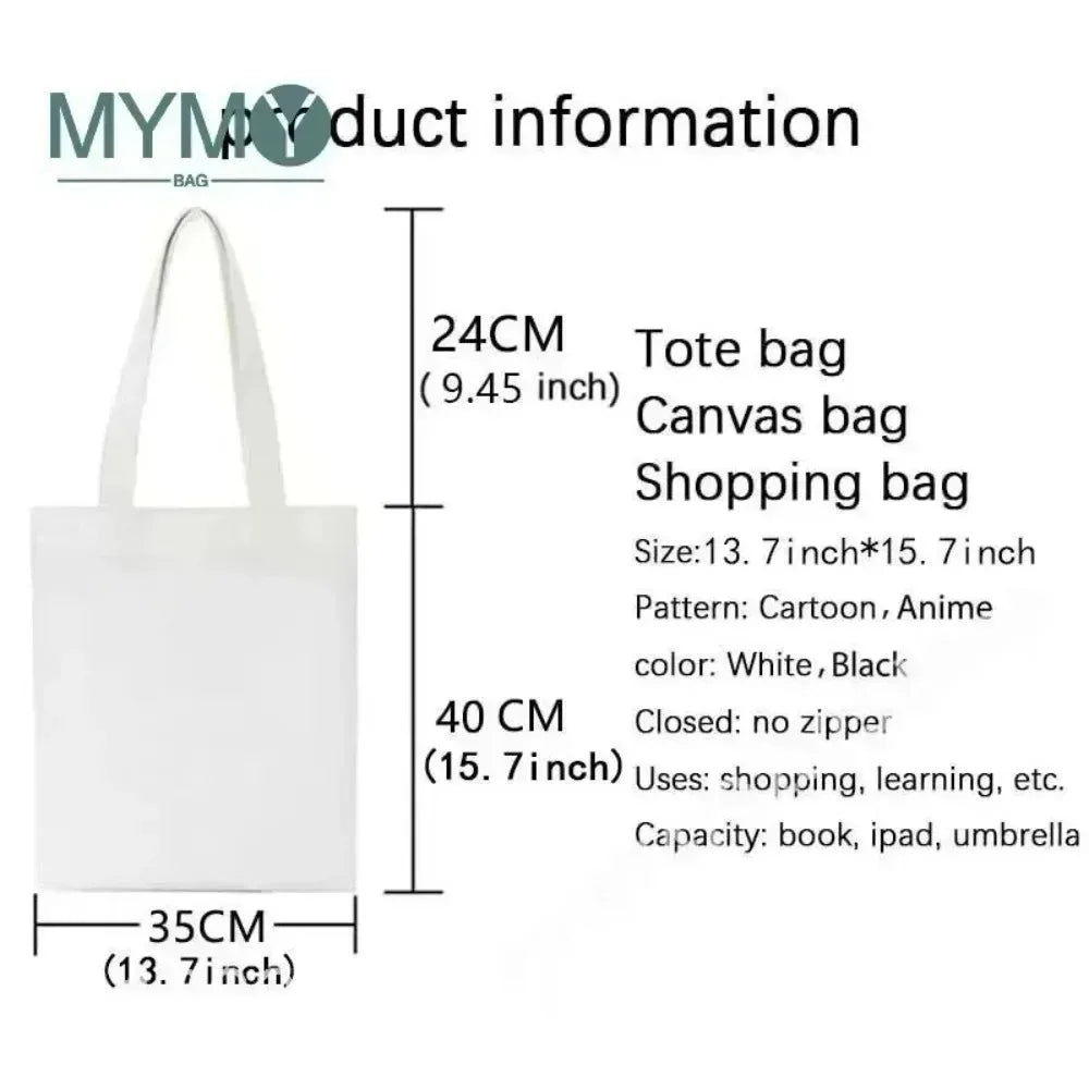 White canvas tote bag with handles and measurements displayed.