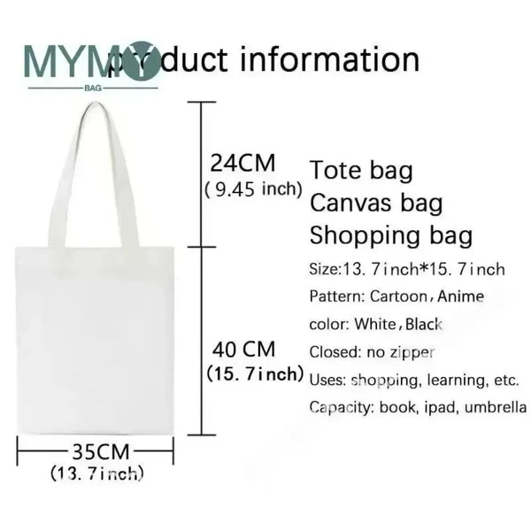 White canvas tote bag with handles and measurements displayed.