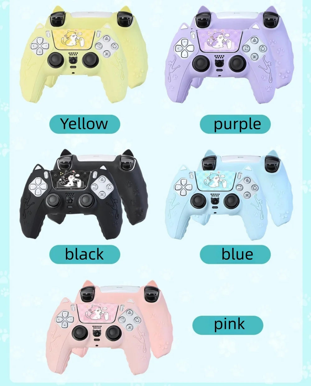 A collection of silicone grip covers for a PS5 controller in various colors including yellow, purple, black, blue, pink, and 