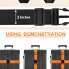 Demonstration showing luggage identification straps measuring 2 inches on a black fabric.