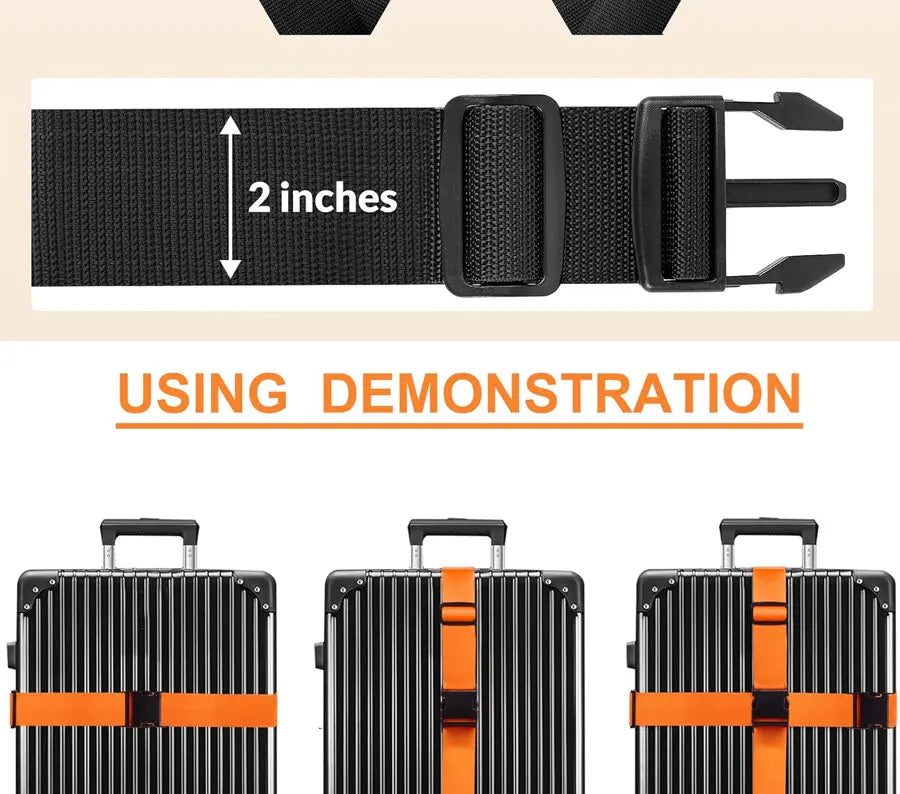 Demonstration showing luggage identification straps measuring 2 inches on a black fabric.