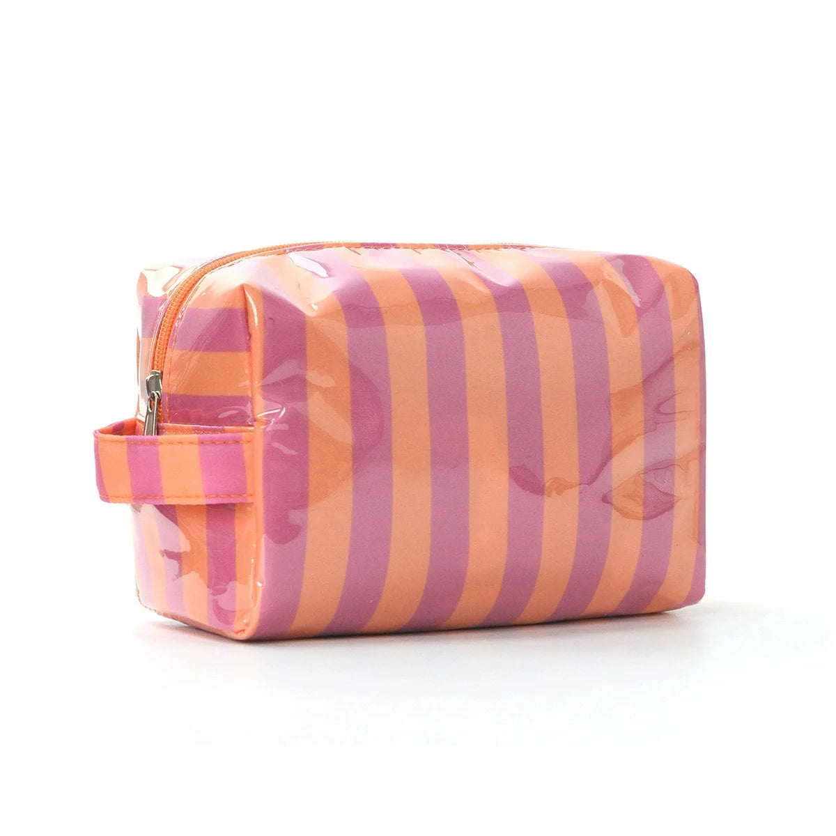Sac de rangement cosmétique à rayures verticales rose et orange.