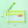 A bright lime green double-layer zippered pouch for coins and cards, shown against a light green background.