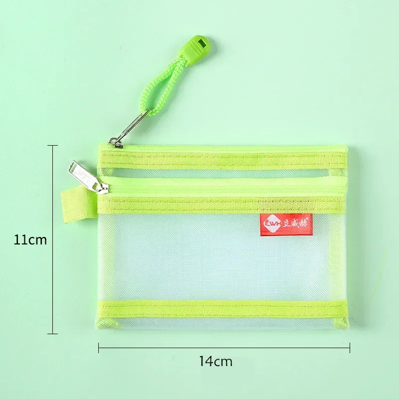A bright lime green double-layer zippered pouch for coins and cards, shown against a light green background.