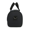 Black unisex travel backpack with black straps and a silver buckle detail.