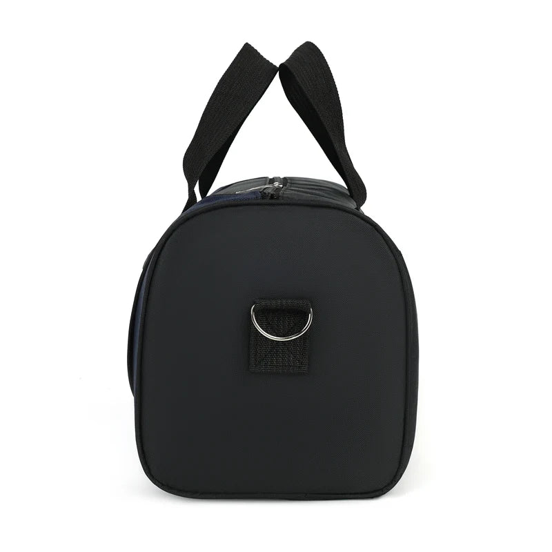 Black unisex travel backpack with black straps and a silver buckle detail.