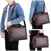 A genuine leather men's briefcase shown in various angles and contexts.