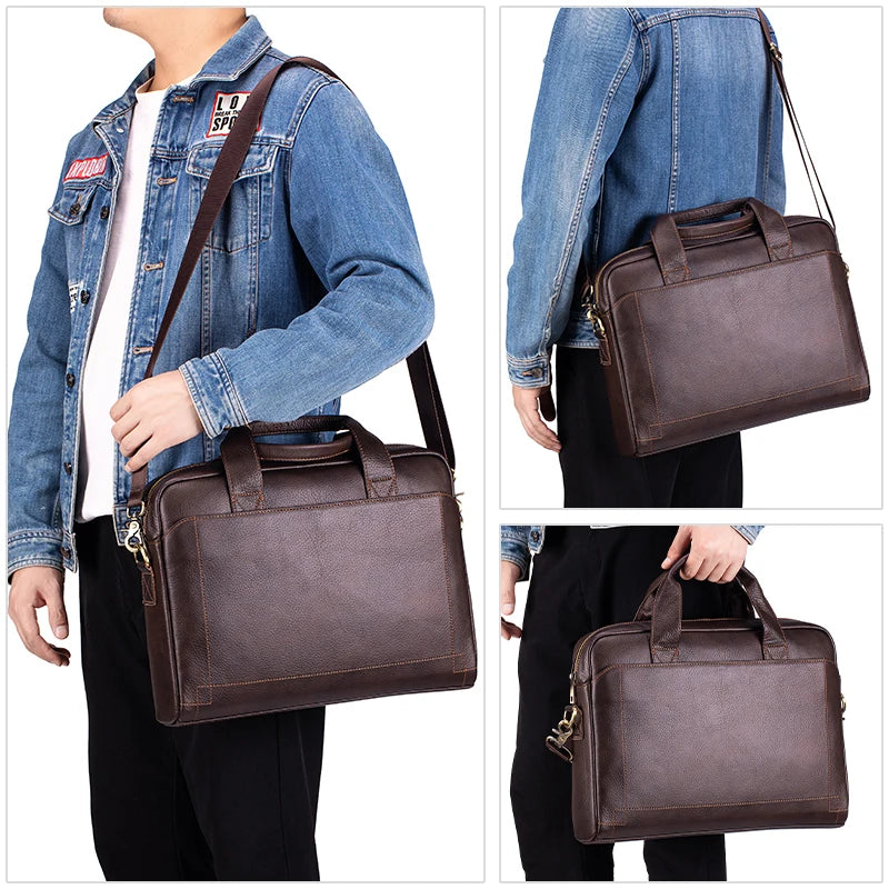 A genuine leather men's briefcase shown in various angles and contexts.