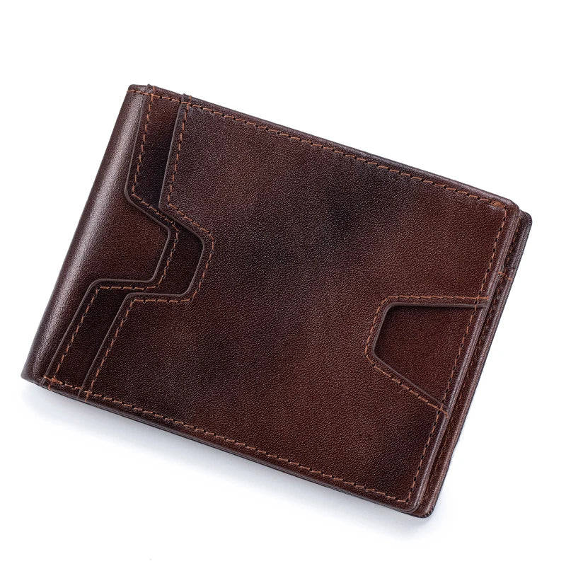 A dark brown leather wallet with stitched detailing shown from the side.