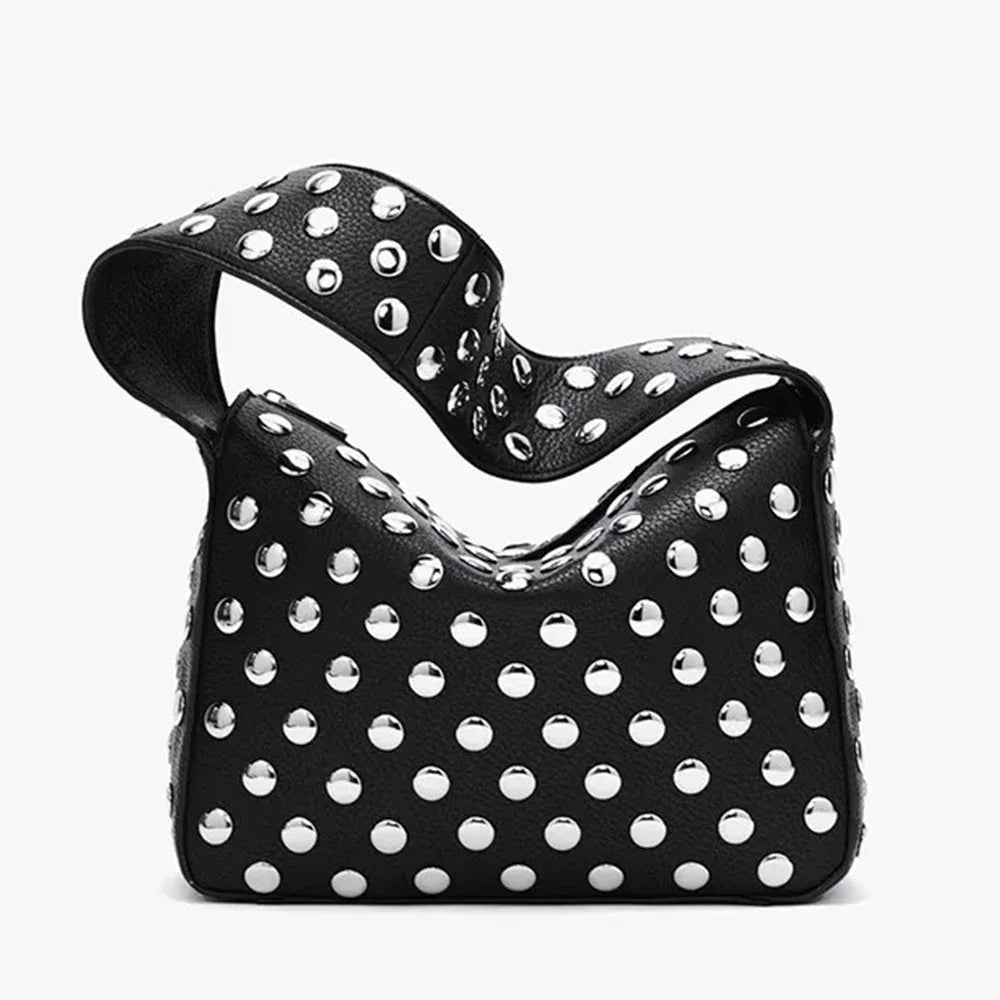 A black luxury metal rivet shoulder bag with silver studs.