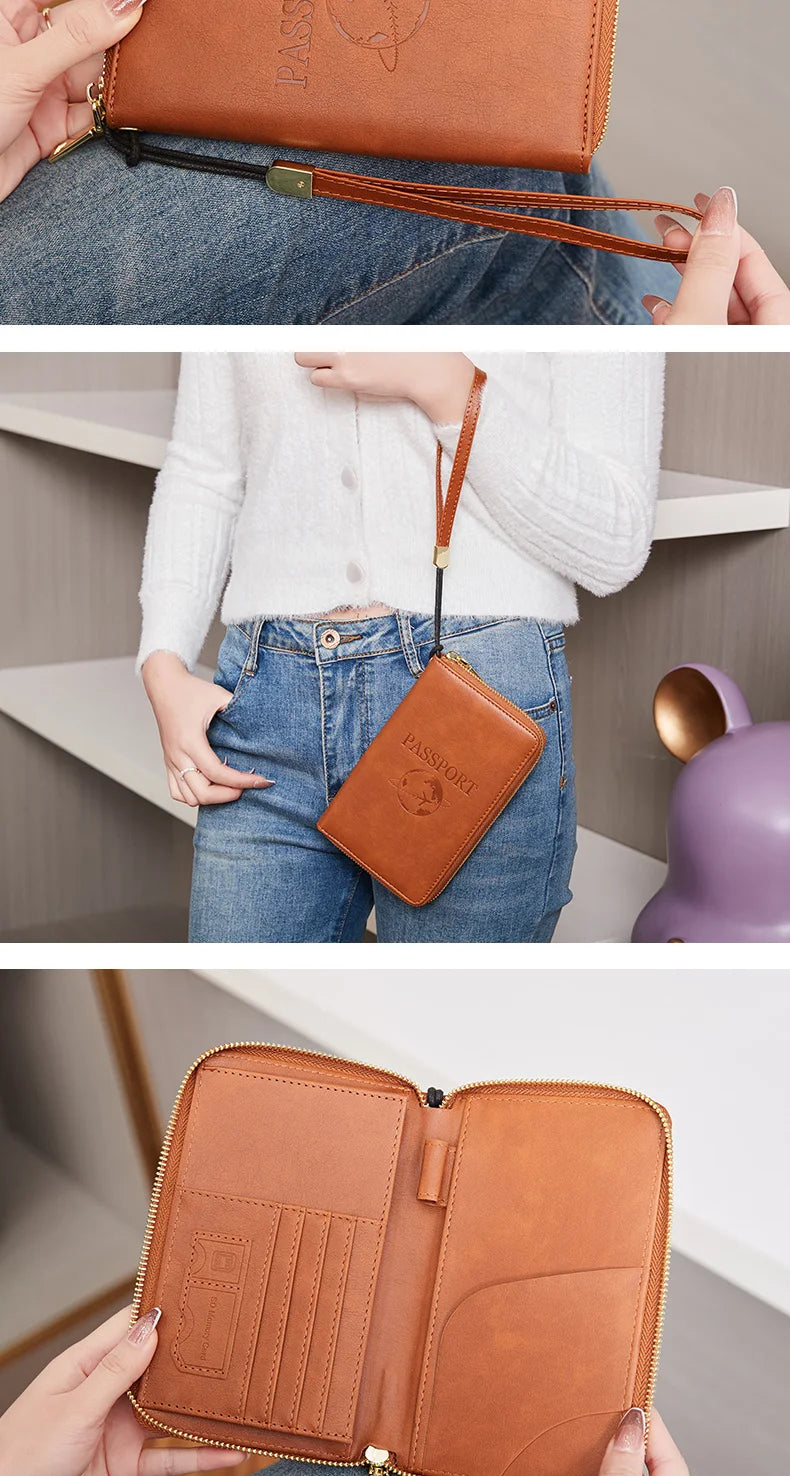 A brown leather passport holder is shown being held, with a close-up view of the interior and exterior.