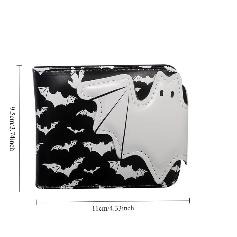 Black and white bat print PU leather bi-fold wallet with a zipper pocket
