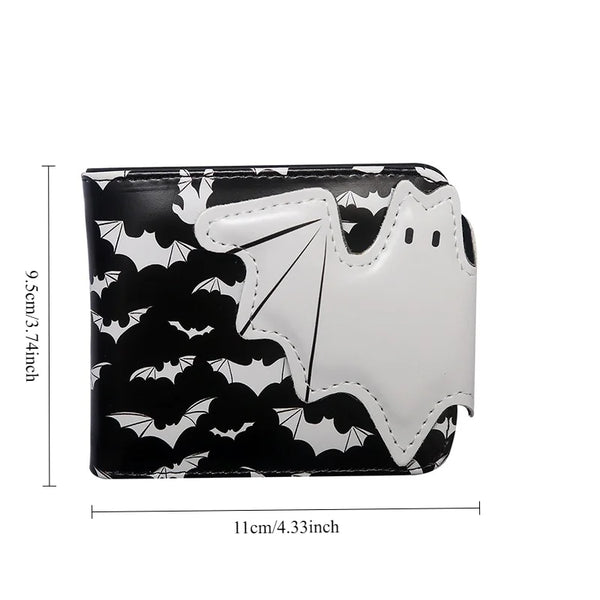 Black and white bat print PU leather bi-fold wallet with a zipper pocket