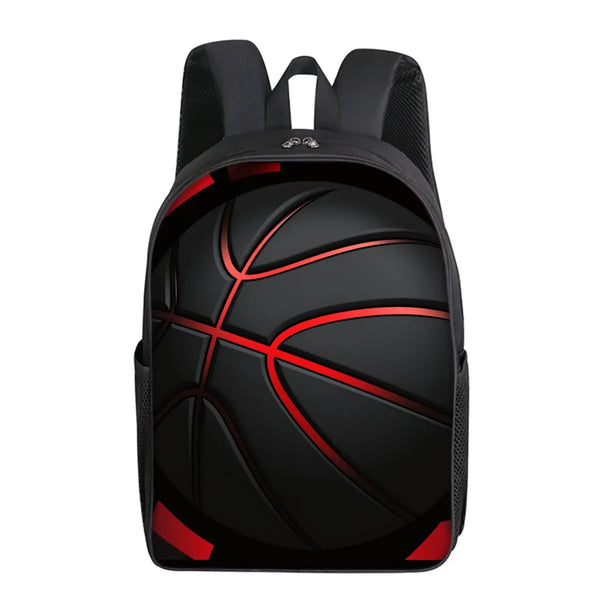 Black backpack with a red basketball design print on the front