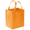 A bright orange reusable eco-friendly tote bag with handles, shown from the front.