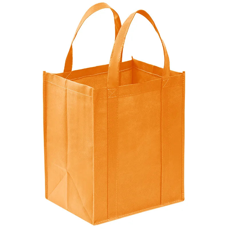 A bright orange reusable eco-friendly tote bag with handles, shown from the front.