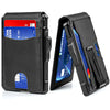 Black slim minimalist men's wallet with RFID protection showing a credit card and ID inside
