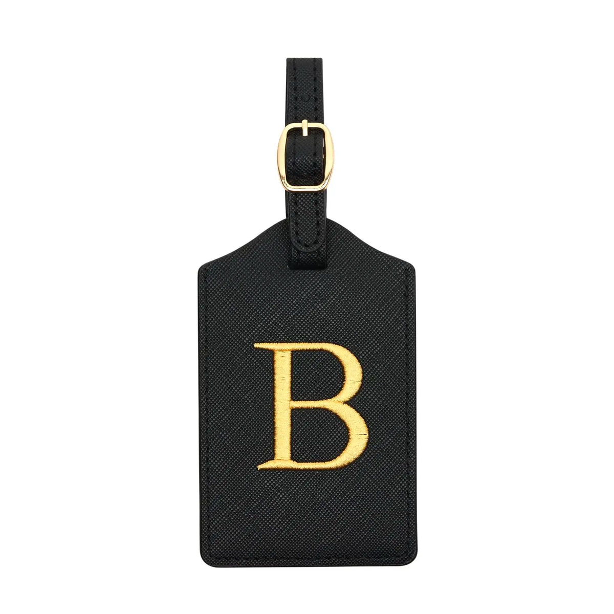 Black PU leather luggage tag with a gold letter B and a metal loop for attachment.