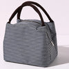 A navy and white striped insulated lunch tote bag with a brown adjustable shoulder strap.