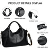 A black leather casual crossbody shoulder bag showing details like the top handle, zipper pull, hardware hooks, adjustable st
