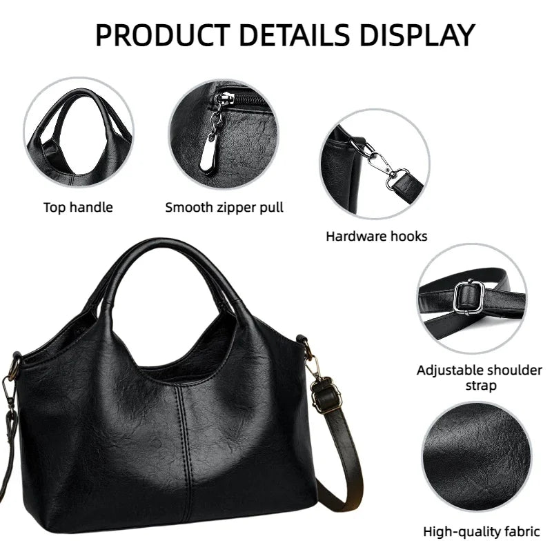 A black leather casual crossbody shoulder bag showing details like the top handle, zipper pull, hardware hooks, adjustable st