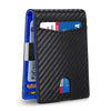 A black and blue slim leather card wallet for men with a zippered compartment.