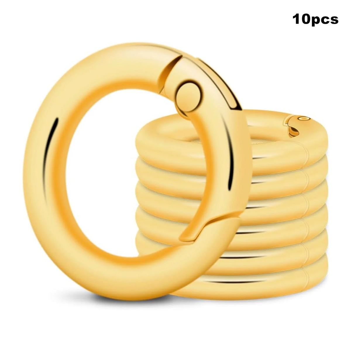 A stack of ten gold-colored metal key ring clips with spring-loaded fasteners.