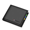 A black genuine leather bifold wallet with colored stitching on the edge.