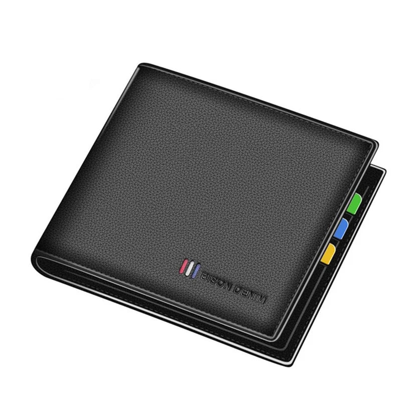 A black genuine leather bifold wallet with colored stitching on the edge.