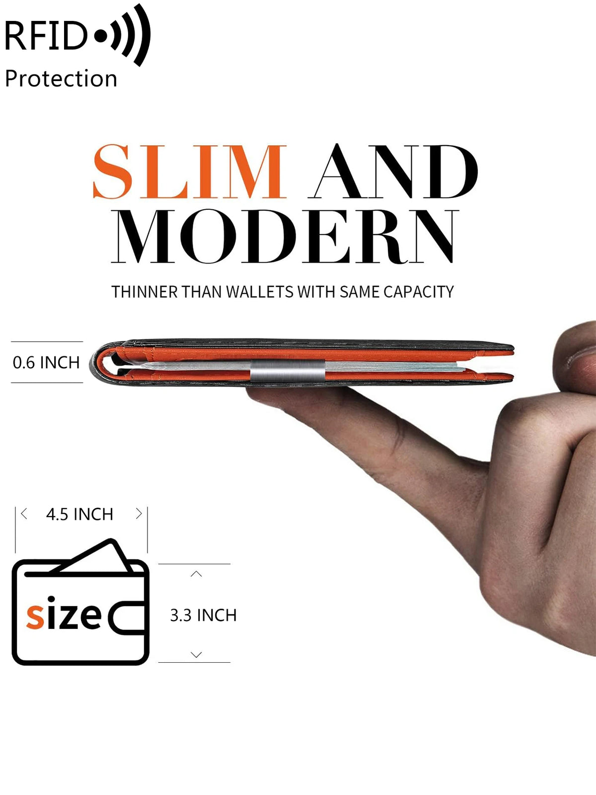 A close-up of a slim, red and silver card wallet being held by a hand, next to a diagram showing its dimensions.