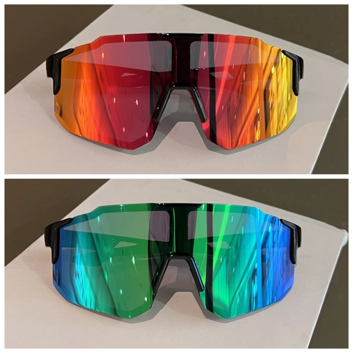 Par de gafas de ciclismo UV400 con lente degradado naranja y rojo vibrante.