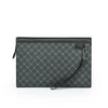A dark gray patterned leather wallet or clutch with a black strap and magnetic closure.