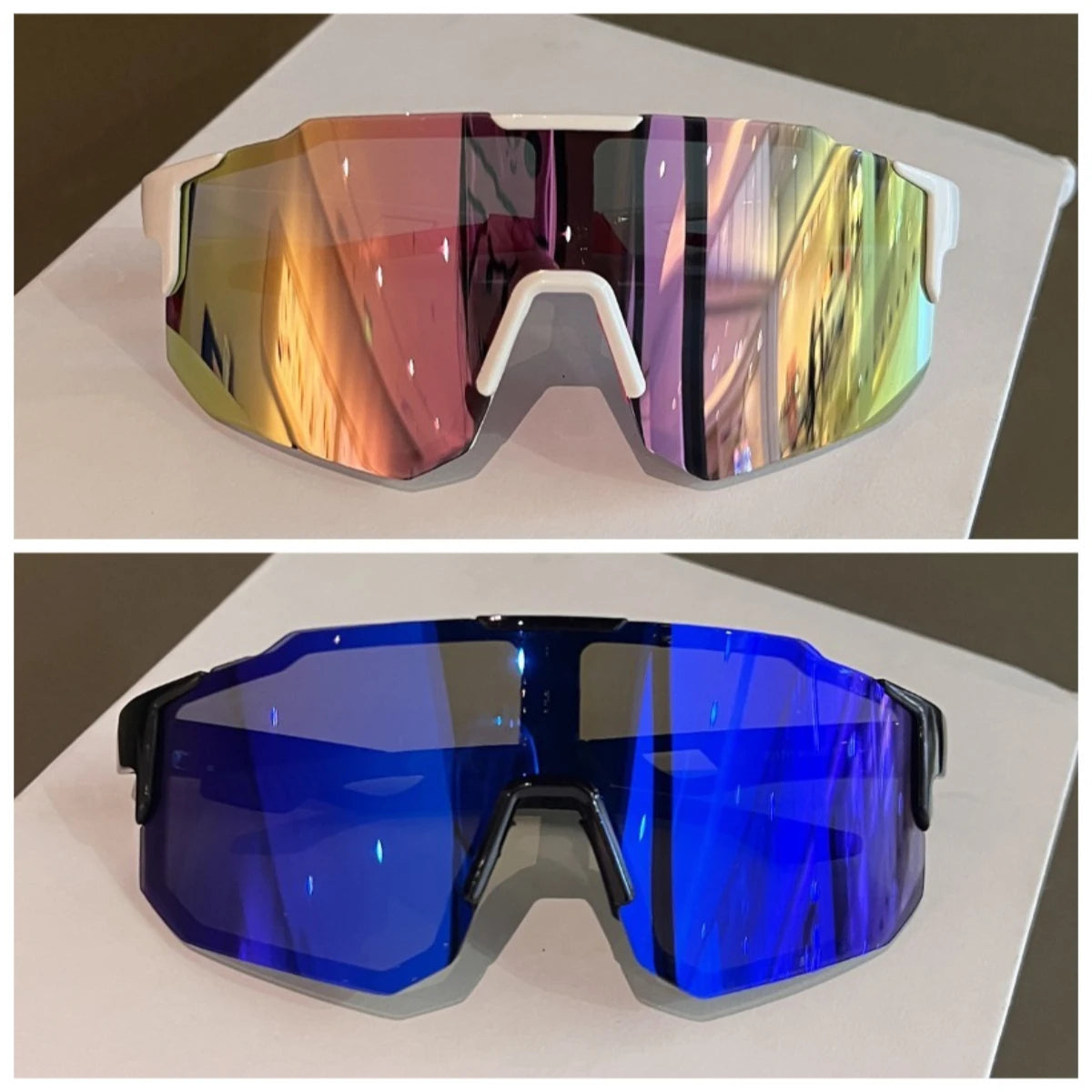 Un par de gafas de ciclismo con lente dorado/naranja espejado y un par con lente azul.
