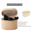 A beige travel makeup organizer with a zipper closure and detachable divider lining.