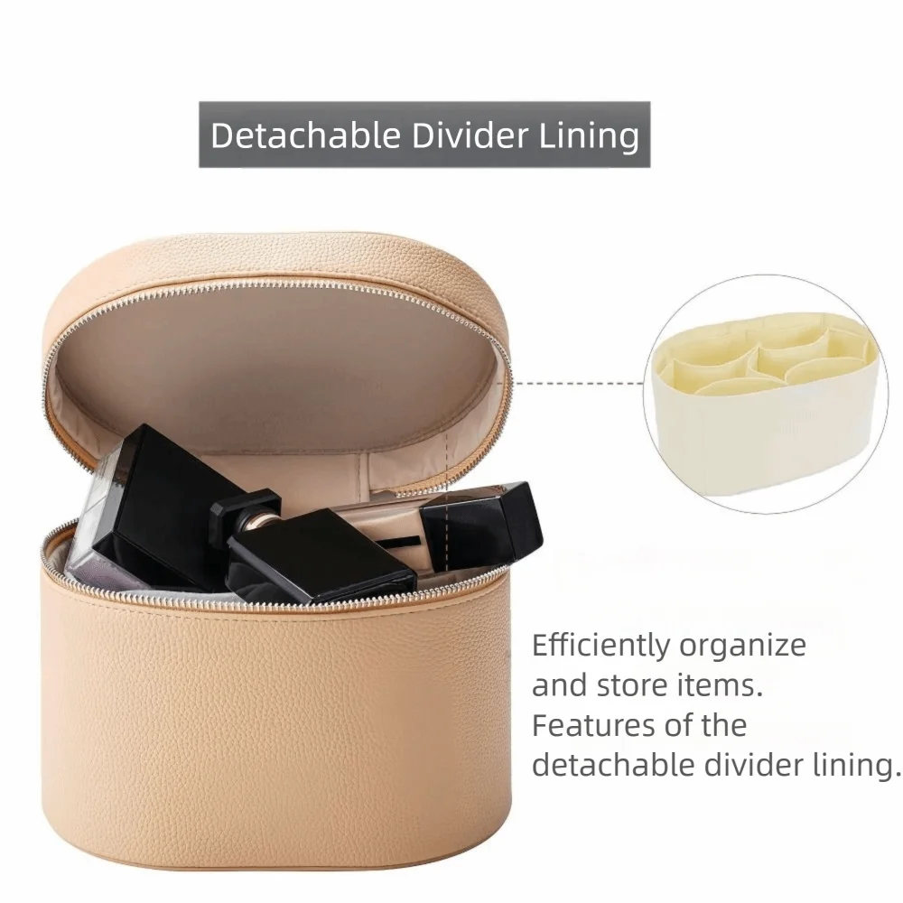 A beige travel makeup organizer with a zipper closure and detachable divider lining.