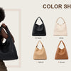 A collection of handwoven faux leather tote bags in black, white, grey, apricot, brown, and red-brown.