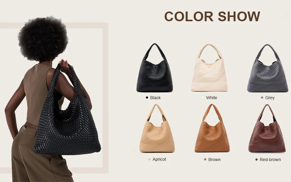 A collection of handwoven faux leather tote bags in black, white, grey, apricot, brown, and red-brown.
